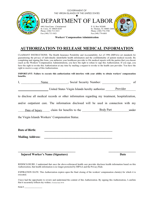 Authorization to Release Medical Information - Virgin Islands