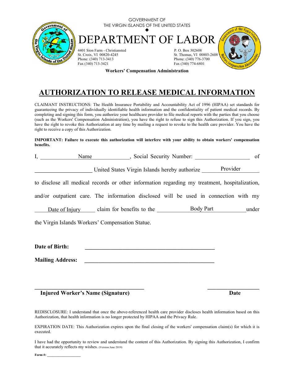 Authorization to Release Medical Information - Virgin Islands, Page 1
