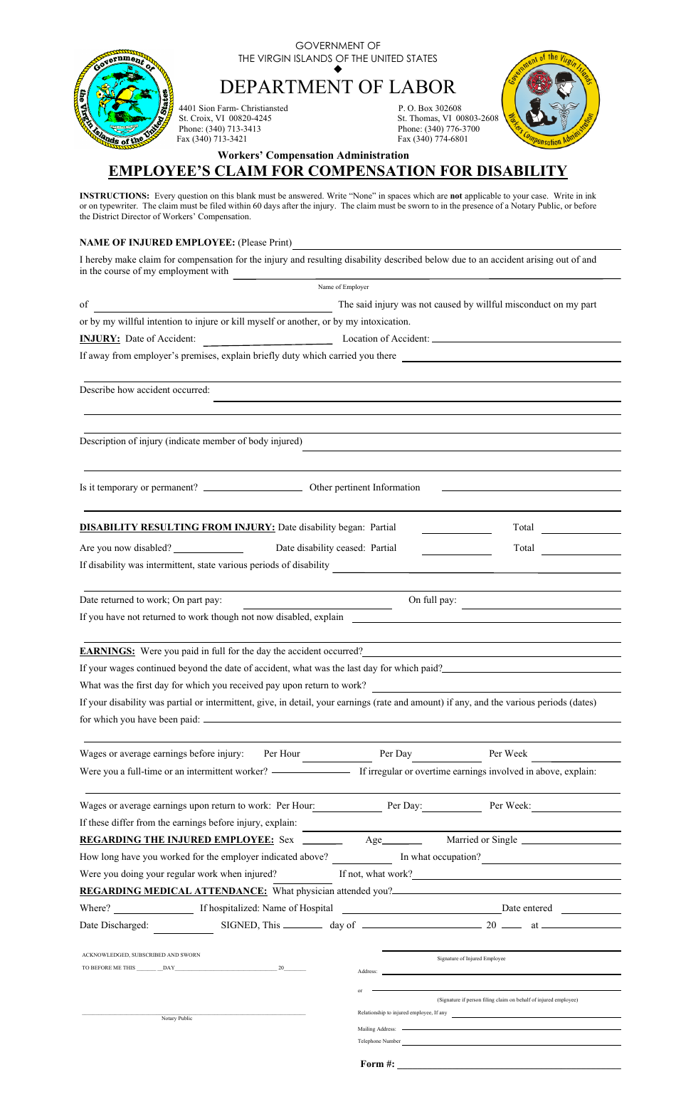 Virgin Islands Employee's Claim for Compensation for Disability Fill