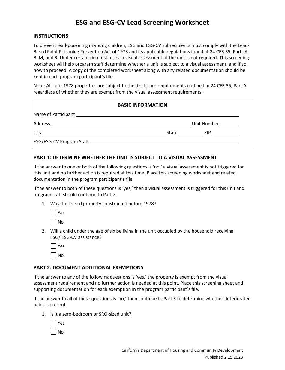 California Esg and Esg-Cv Lead Screening Worksheet - Fill Out, Sign ...