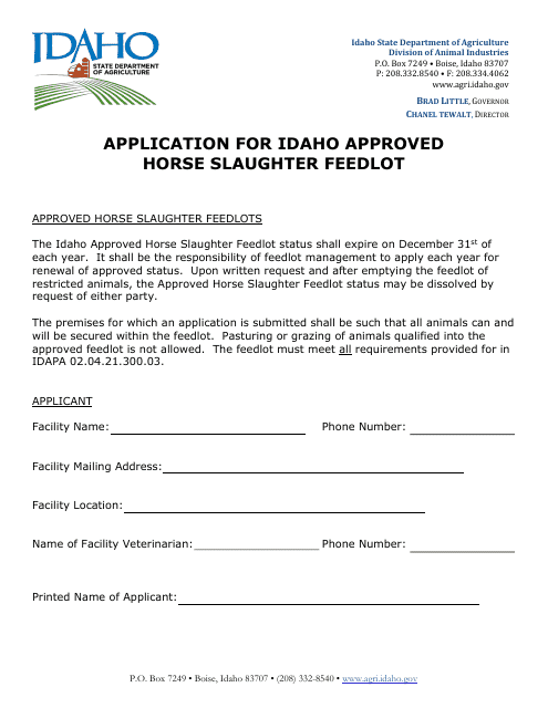 Application for Idaho Approved Horse Slaughter Feedlot - Idaho Download Pdf