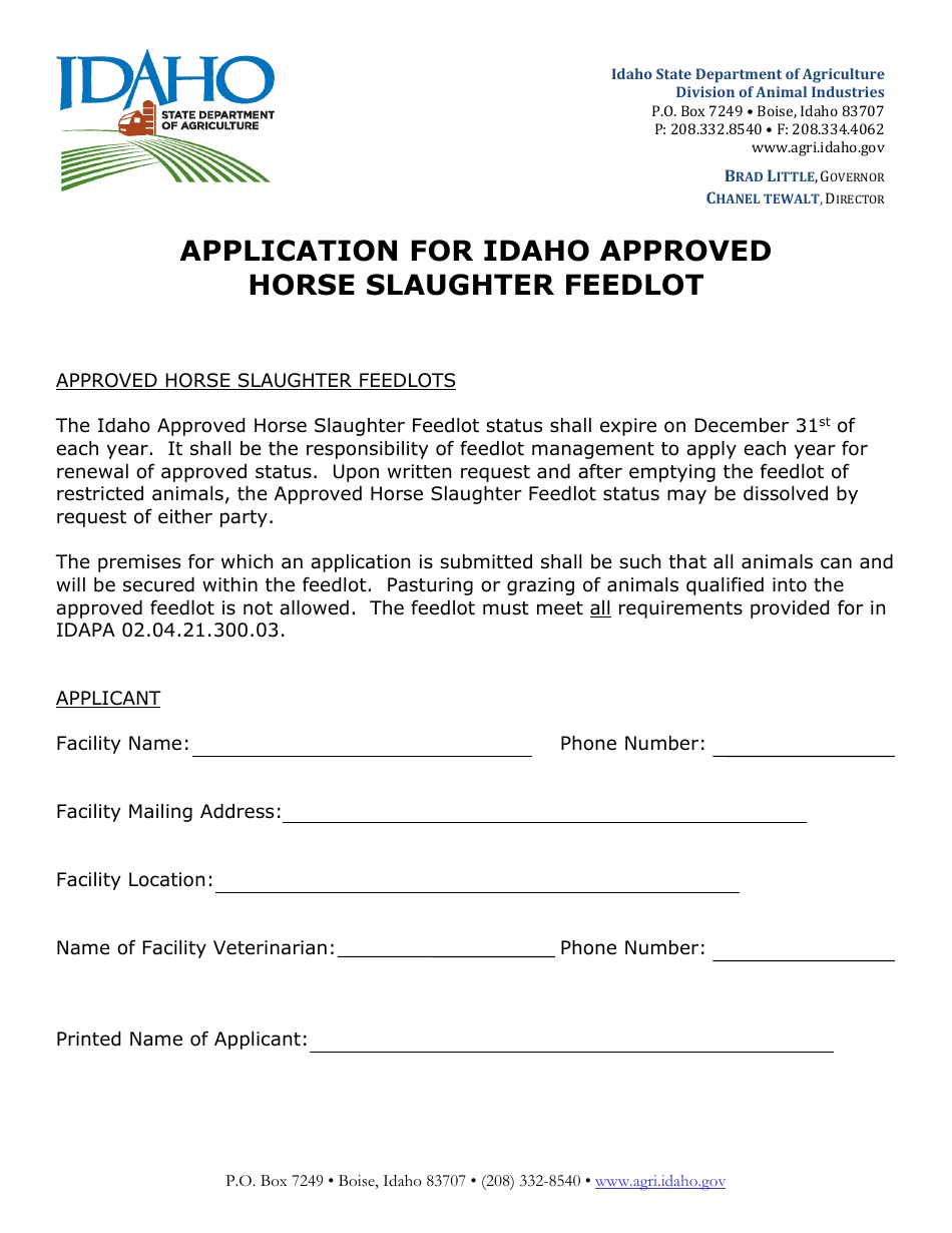 Application for Idaho Approved Horse Slaughter Feedlot - Idaho, Page 1