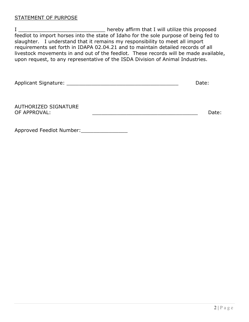 Application for Idaho Approved Horse Slaughter Feedlot - Idaho, Page 2