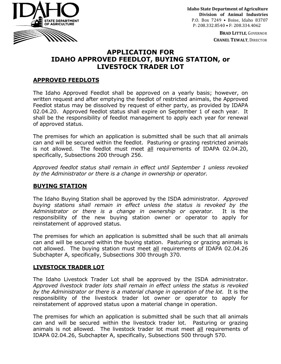 Application for Idaho Approved Feedlot, Buying Station, or Livestock Trader Lot - Idaho, Page 1
