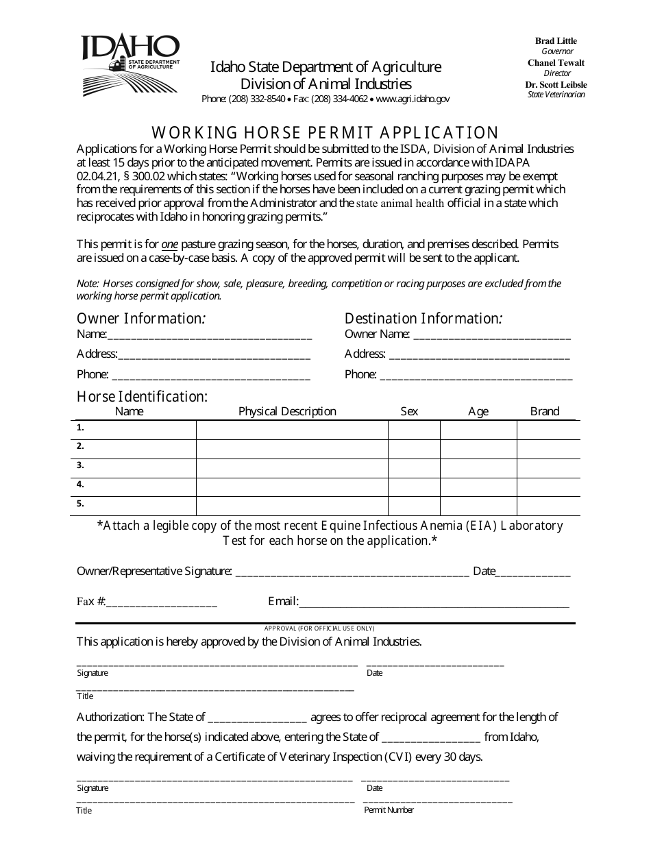 Working Horse Permit Application - Idaho, Page 1