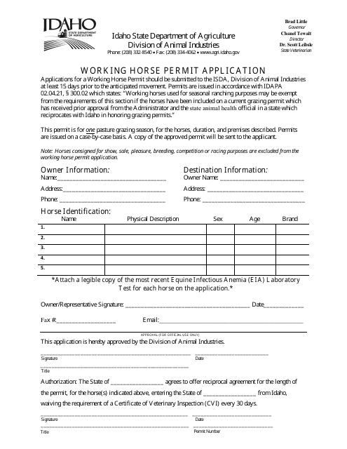 Working Horse Permit Application - Idaho Download Pdf