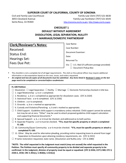 Checklist 1 - Default Without Agreement Dissolution, Legal Separation, Nullity Marriage / Domestic Partnership - County of Sonoma, California Download Pdf