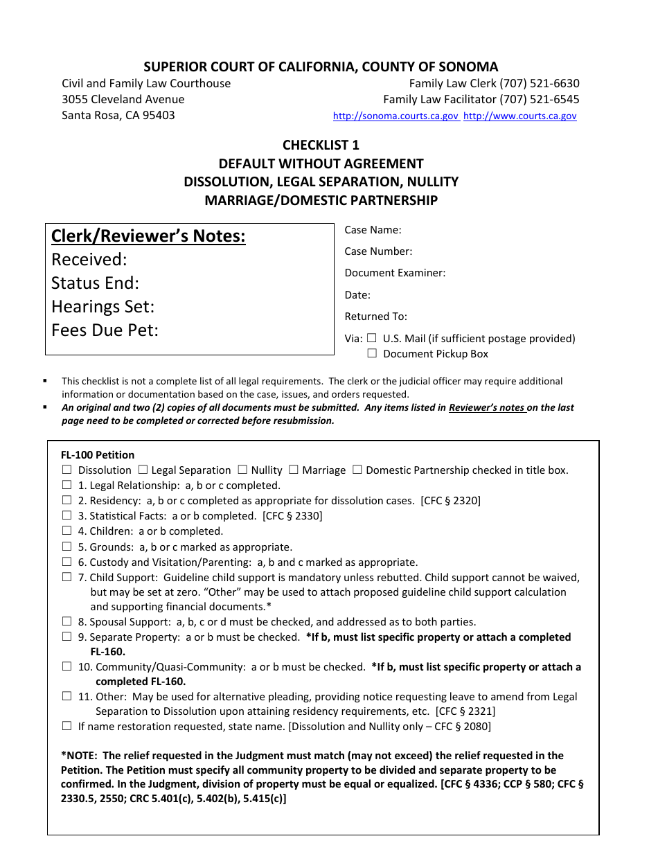County of Sonoma, California Checklist 1 - Default Without Agreement ...