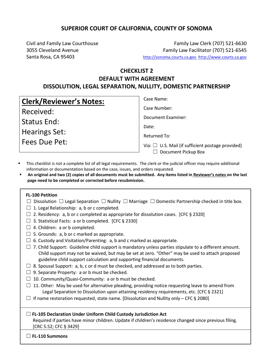 County of Sonoma, California Checklist 2 Default With Agreement Dissolution, Legal Separation