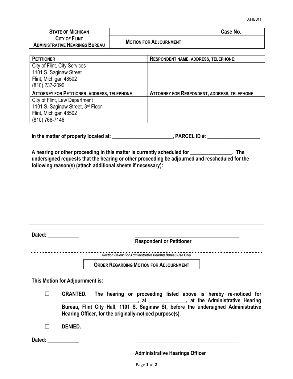 Form AHB011 Motion for Adjournment - City of Flint, Michigan, Page 1