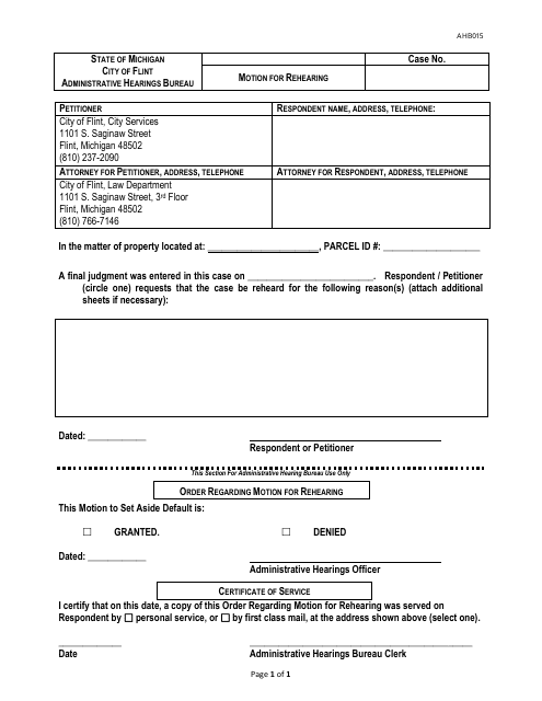 Form AHB015 Motion for Rehearing - City of Flint, Michigan