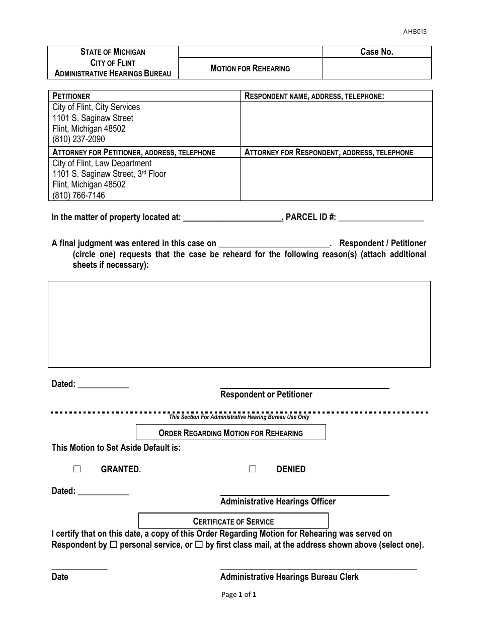 Form AHB015 Motion for Rehearing - City of Flint, Michigan, Page 1