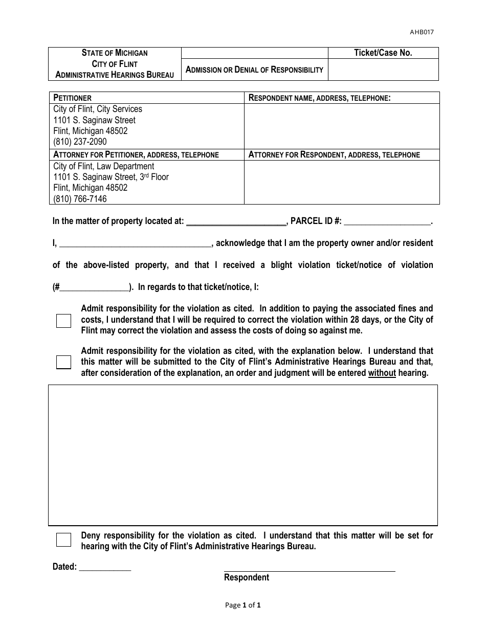 Form AHB017 Admission or Denial of Responsibility - City of Flint, Michigan, Page 1