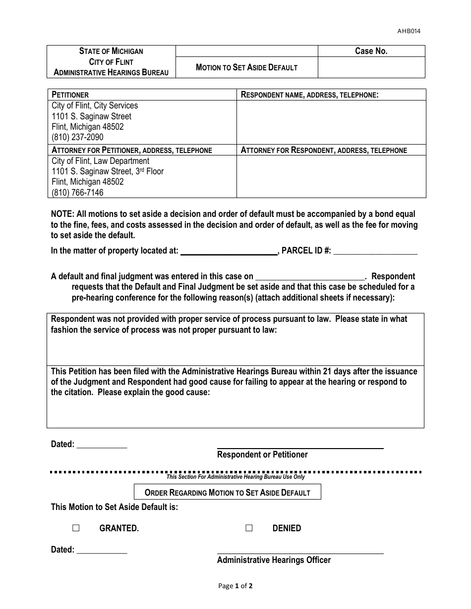 Form AHB014 Motion to Set Aside Default - City of Flint, Michigan, Page 1
