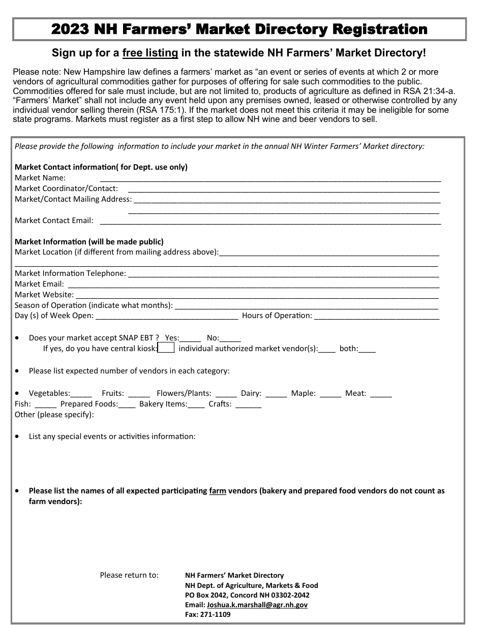 2023 New Hampshire Nh Farmers' Market Directory Registration Fill Out