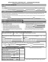 Form DCH-0569-BX Application for a Certified Copy - Michigan Birth Record - Michigan