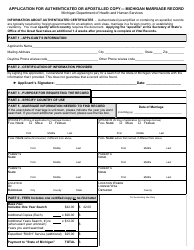 Document preview: Form DCH-0569-MX-AUTH Application for Authenticated or Apostilled Copy - Michigan Marriage Record - Michigan