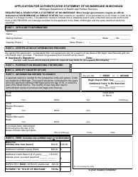 Form DCH-0569-NO MX-AUTH Application for Authenticated Statement of No Marriage in Michigan - Michigan