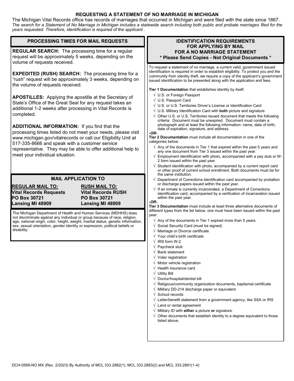 Form DCH-0569-NO MX Application for a Statement of No Marriage in Michigan - Michigan, Page 2