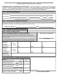 Form DCH-0569-DIV-AUTH Application for Authenticated/Apostilled Copy - Michigan Divorce Record - Michigan