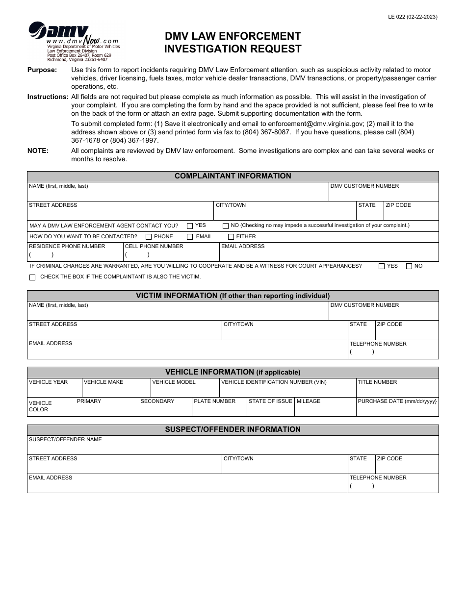 Form LE022 DMV Law Enforcement Investigation Request - Virginia, Page 1