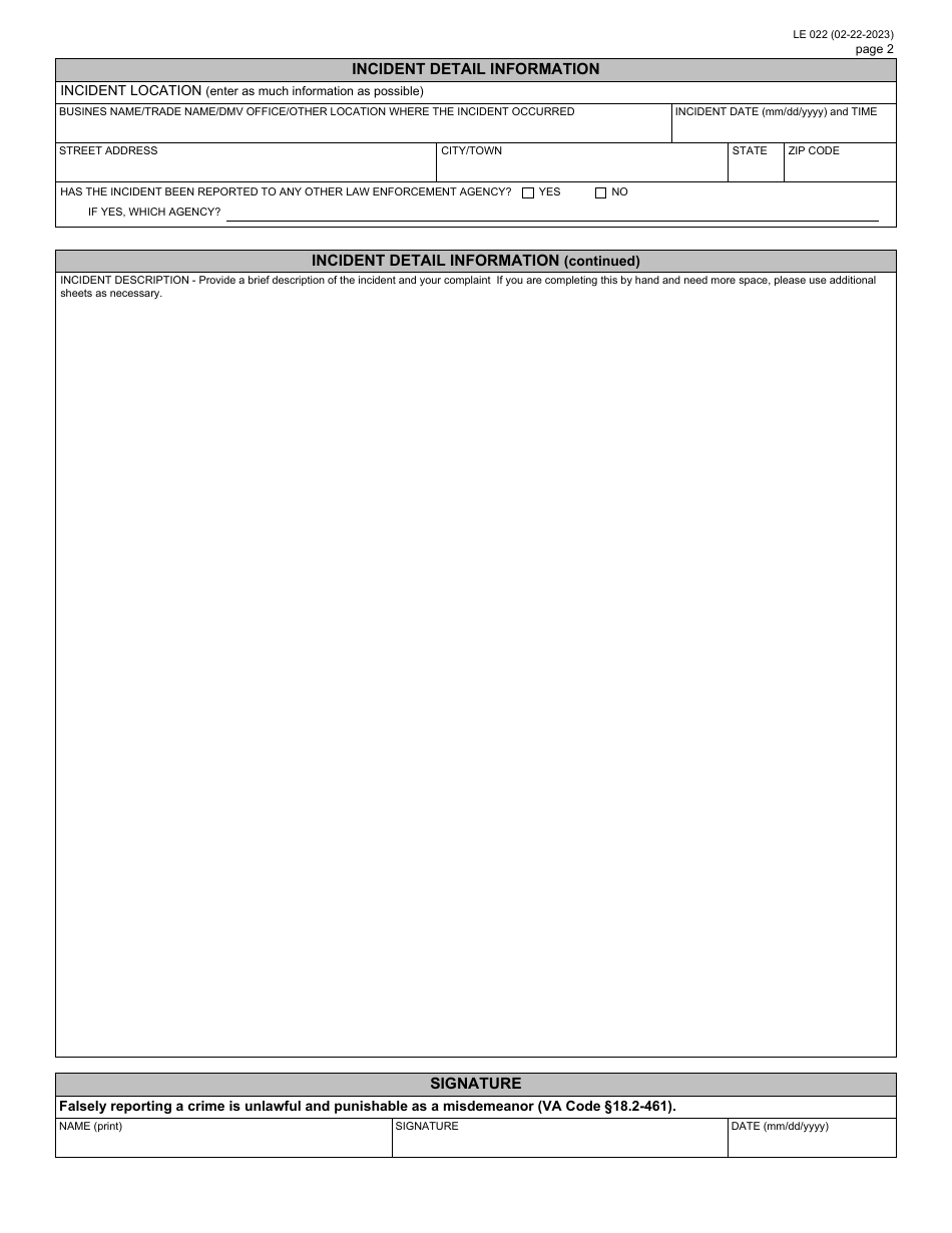 Form LE022 DMV Law Enforcement Investigation Request - Virginia, Page 2