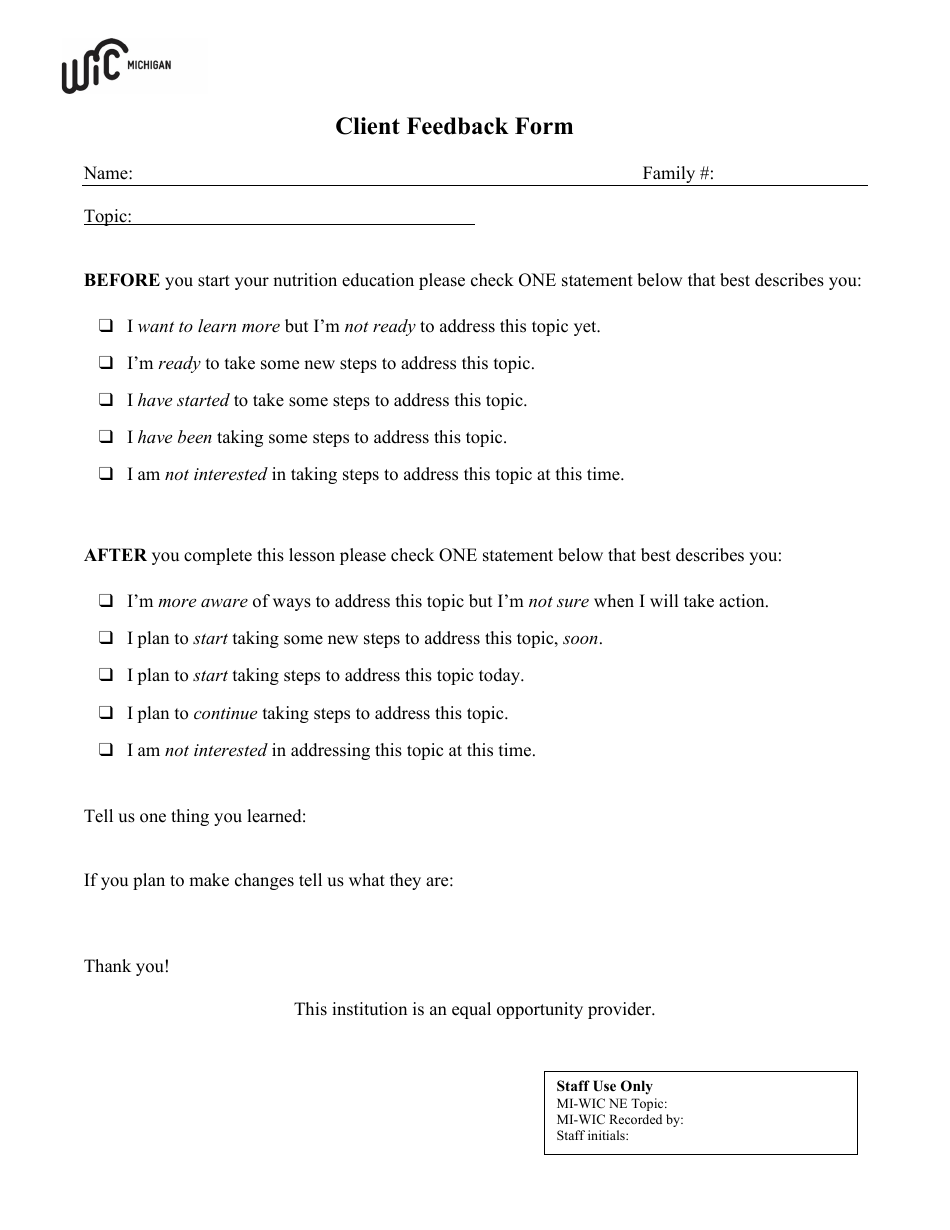 Client Feedback Form - Michigan, Page 1