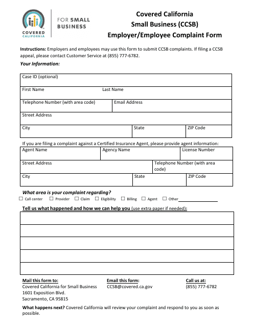 Covered California Small Business (Ccsb) Employer/Employee Complaint Form - California