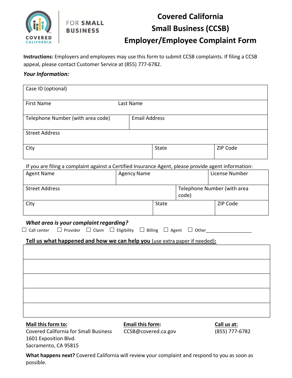Covered California Small Business (Ccsb) Employer / Employee Complaint Form - California, Page 1