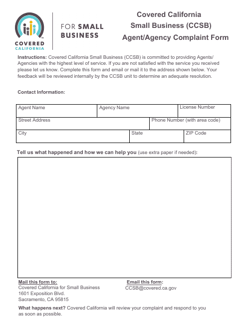 Covered California Small Business (Ccsb) Agent / Agency Complaint Form - California Download Pdf