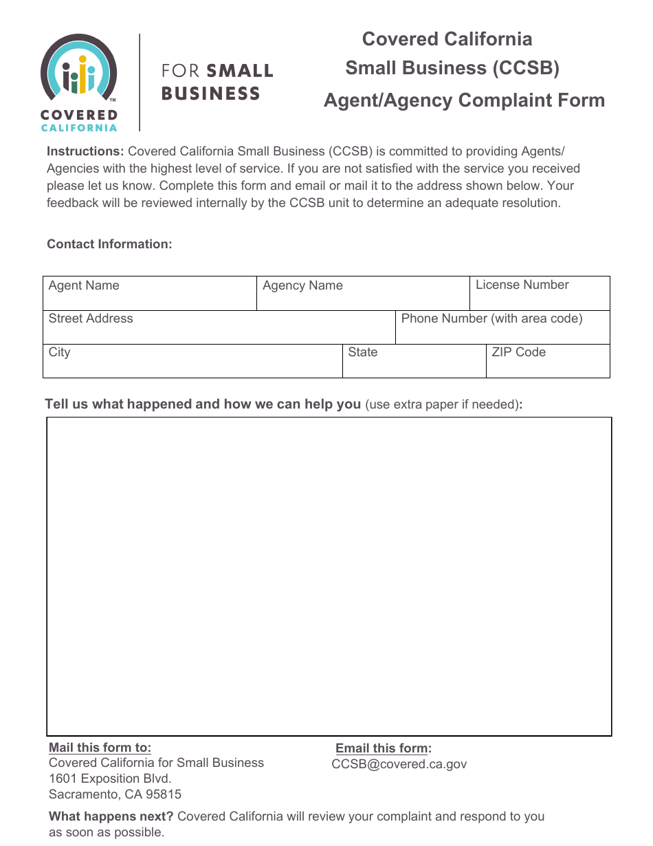Covered California Small Business (Ccsb) Agent / Agency Complaint Form - California, Page 1