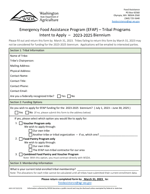 Form AGR-2197 Intent to Apply - Emergency Food Assistance Program (Efap) - Tribal Programs - Washington, 2025
