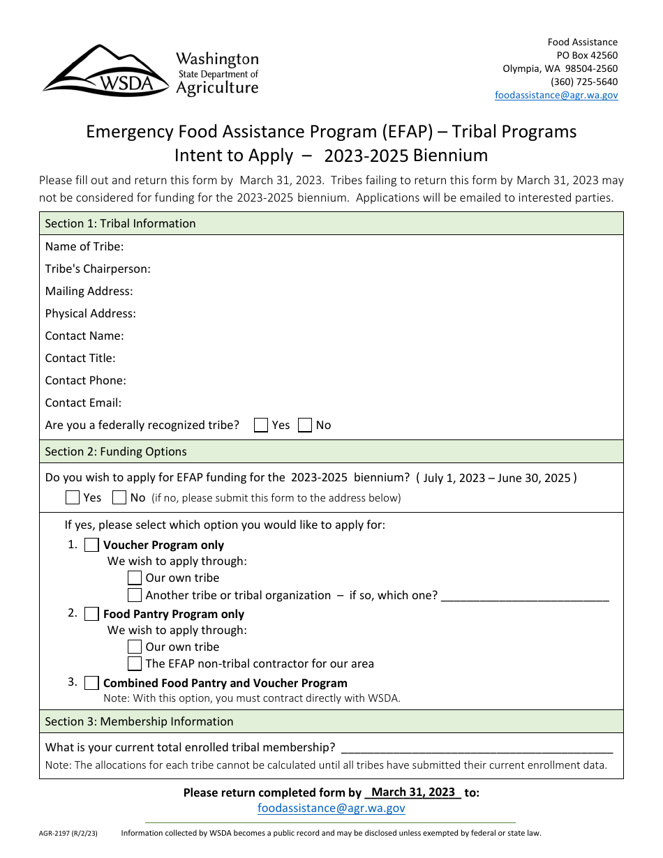 Form AGR-2197 Intent to Apply - Emergency Food Assistance Program (Efap) - Tribal Programs - Washington, Page 1