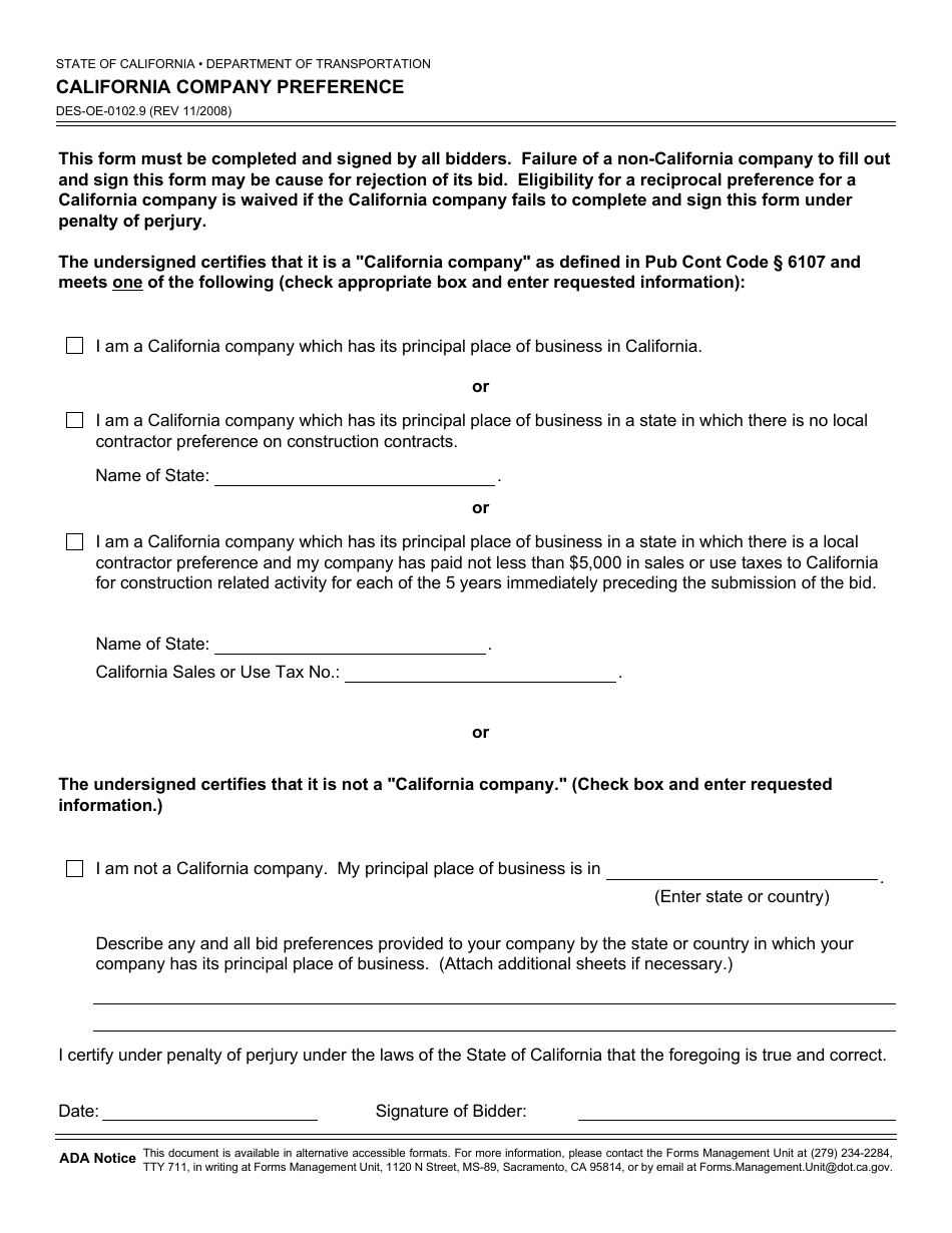 Form DES-OE-0102.9 California Company Preference - California, Page 1