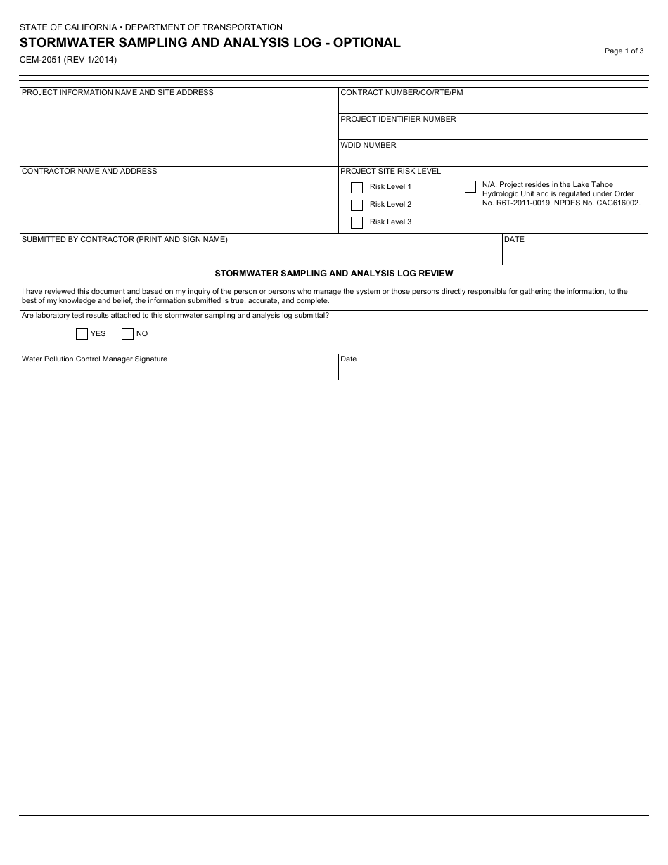 Form CEM-2051 Stormwater Sampling and Analysis Log - Optional - California, Page 1