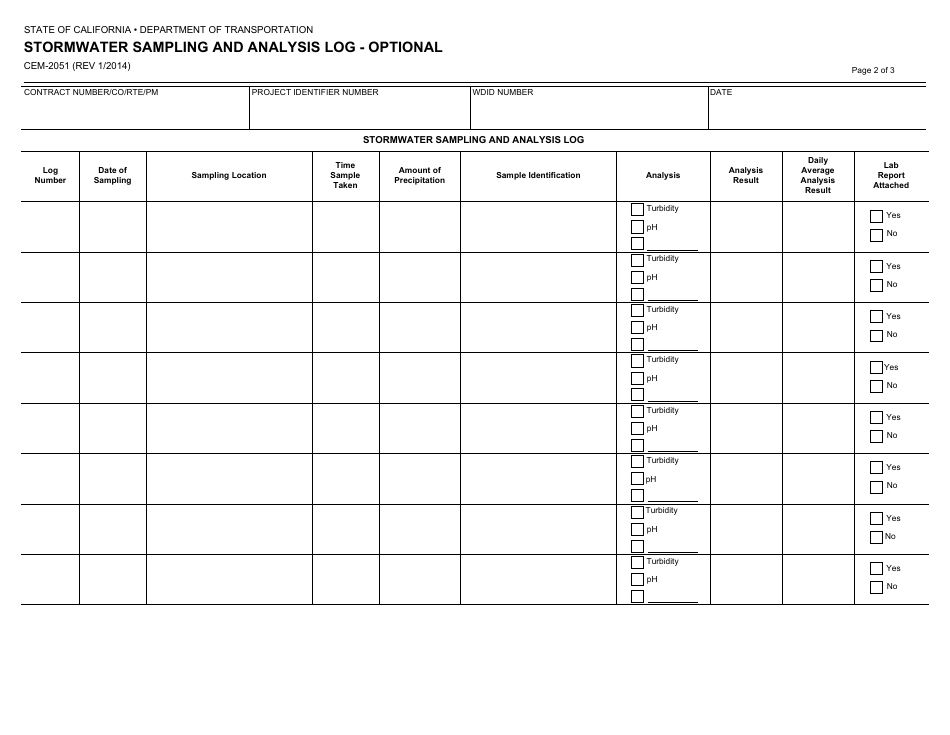 Form CEM-2051 Stormwater Sampling and Analysis Log - Optional - California, Page 2