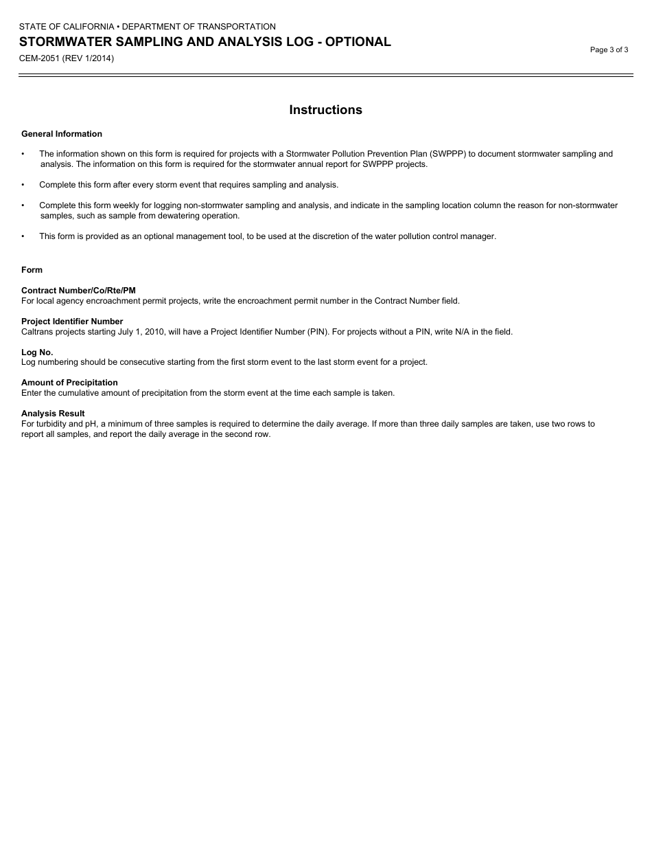 Form CEM-2051 Stormwater Sampling and Analysis Log - Optional - California, Page 3