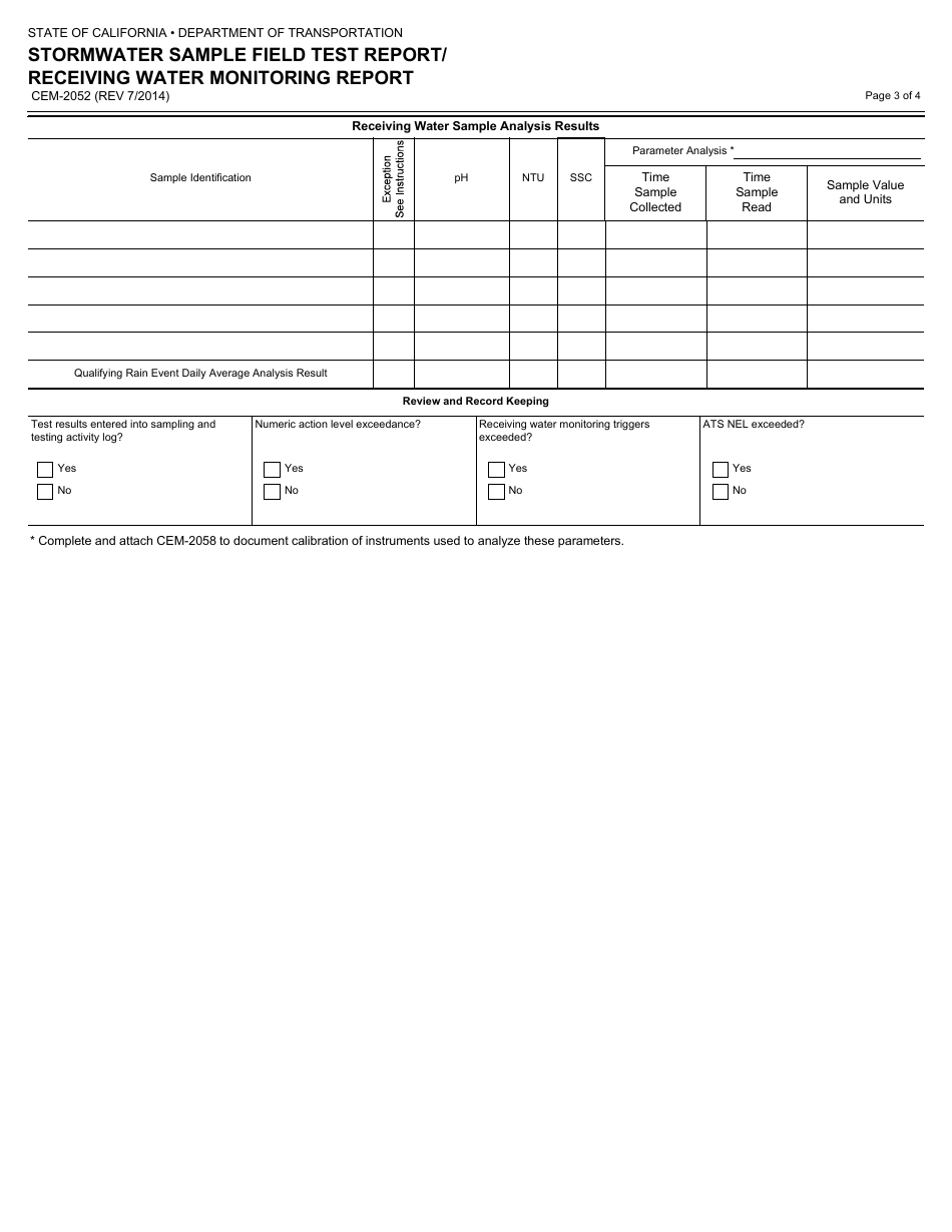 Form CEM-2052 Stormwater Sample Field Test Report / Receiving Water Monitoring Report - California, Page 3
