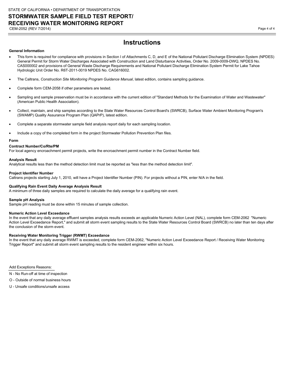 Form CEM-2052 Stormwater Sample Field Test Report / Receiving Water Monitoring Report - California, Page 4