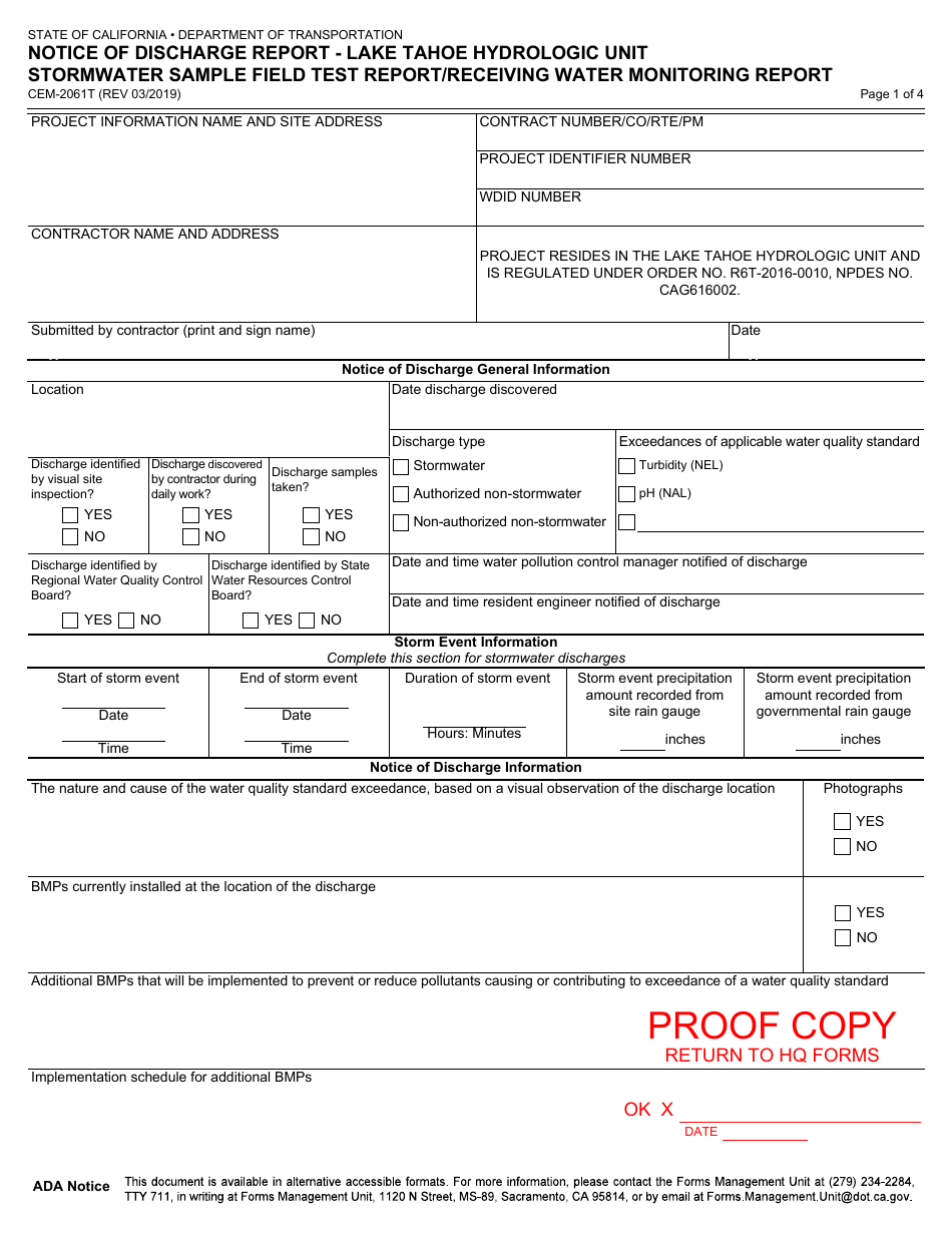 Form CEM-2061T Notice of Discharge Report - Lake Tahoe Hydrologic Unit Stormwater Sample Field Test Report/Receiving Water Monitoring Report - California, Page 1