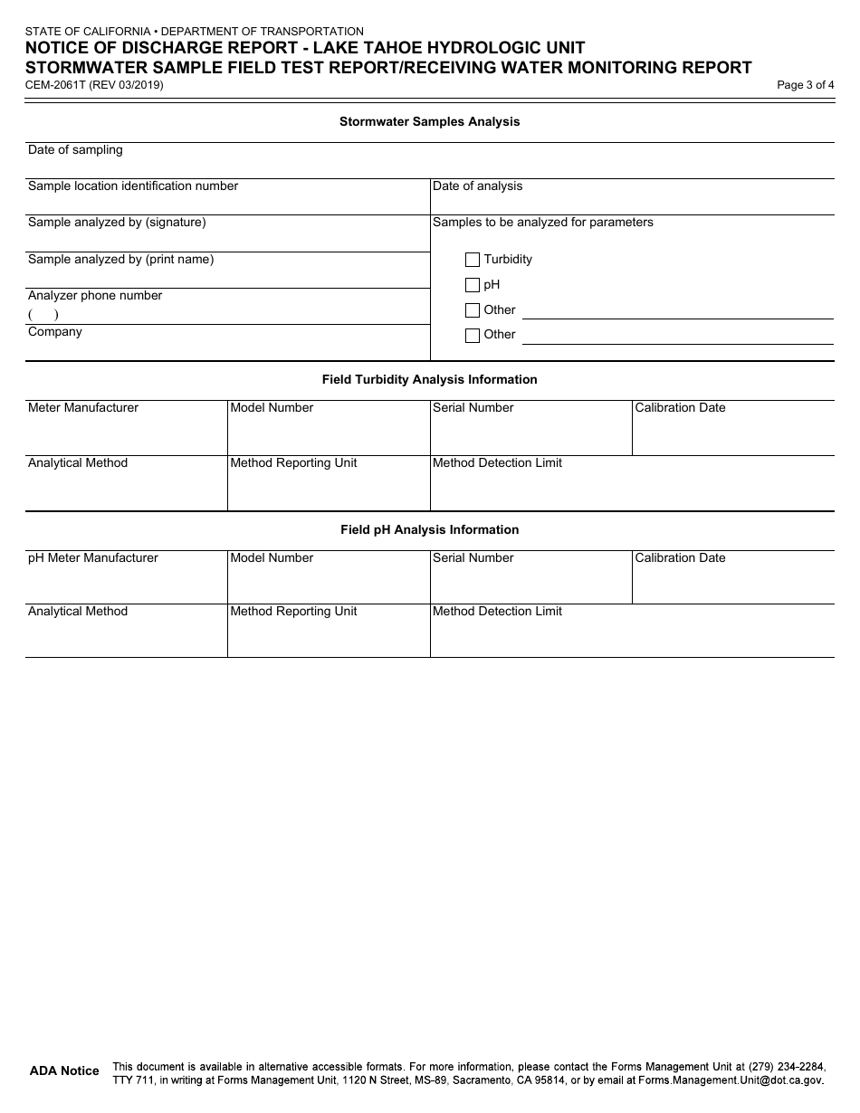 Form CEM-2061T Notice of Discharge Report - Lake Tahoe Hydrologic Unit Stormwater Sample Field Test Report / Receiving Water Monitoring Report - California, Page 3