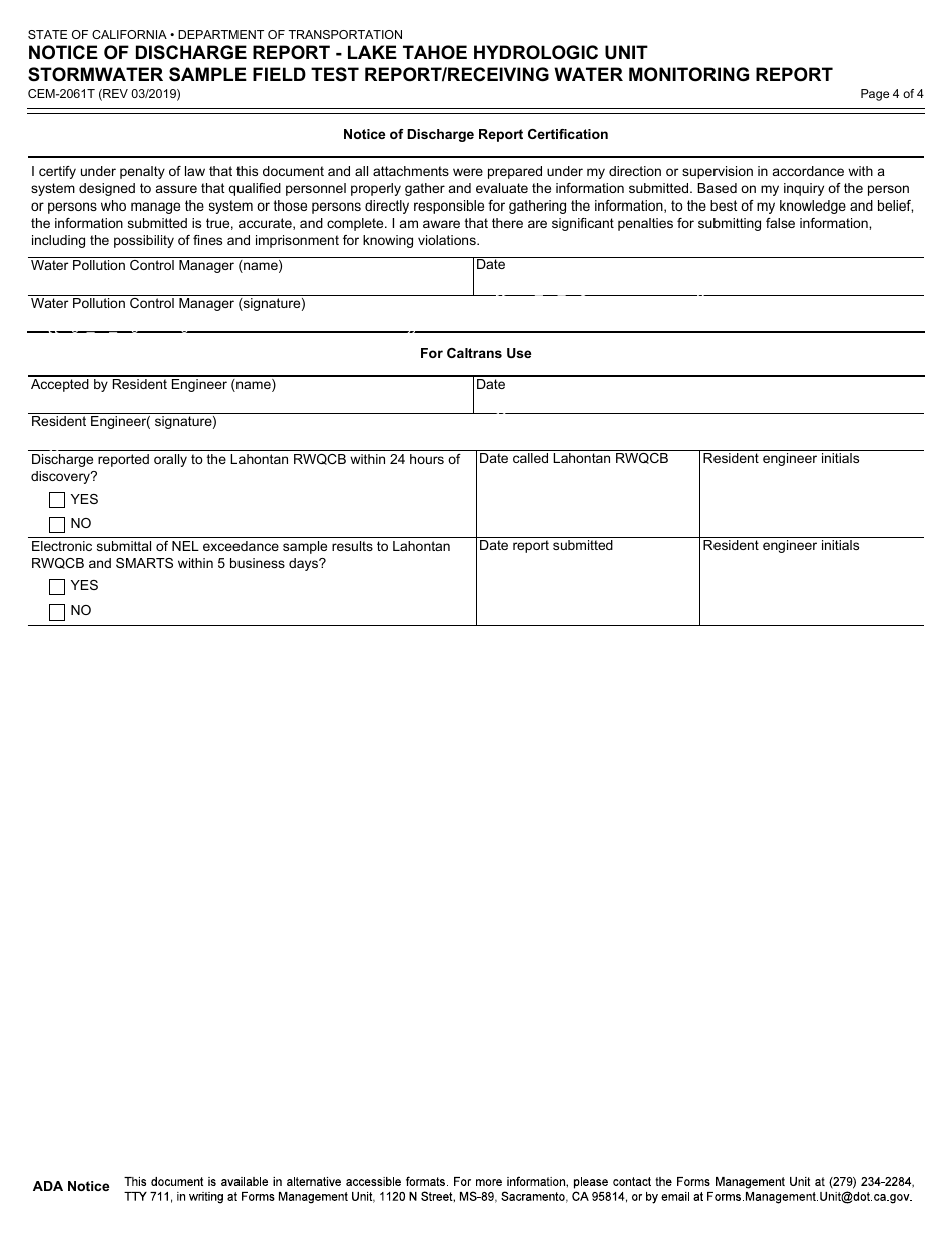 Form CEM-2061T Notice of Discharge Report - Lake Tahoe Hydrologic Unit Stormwater Sample Field Test Report / Receiving Water Monitoring Report - California, Page 4