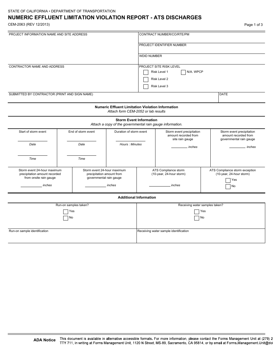 Form CEM-2063 Numeric Effluent Limitation Violation Report - Ats Discharges - California, Page 1