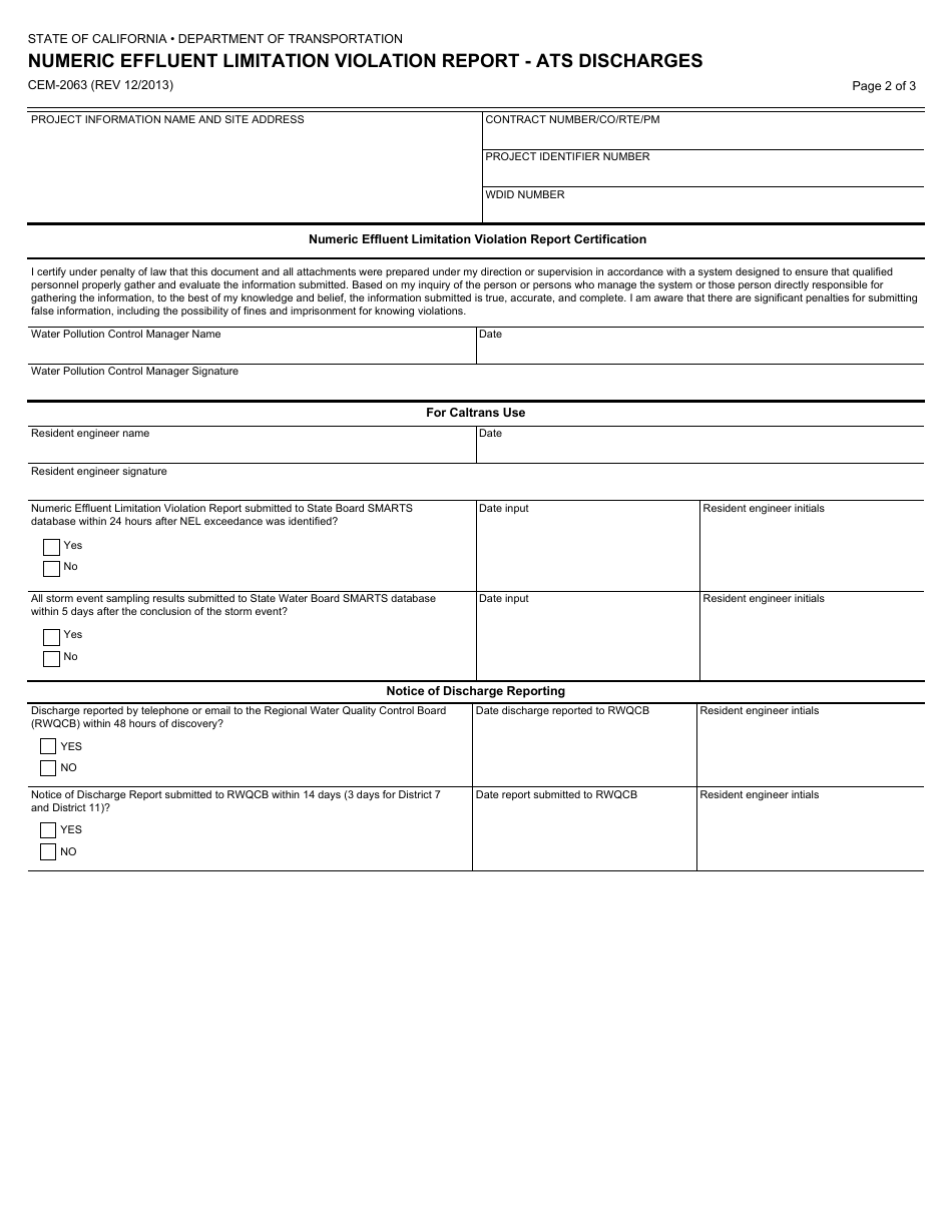 Form CEM-2063 Numeric Effluent Limitation Violation Report - Ats Discharges - California, Page 2