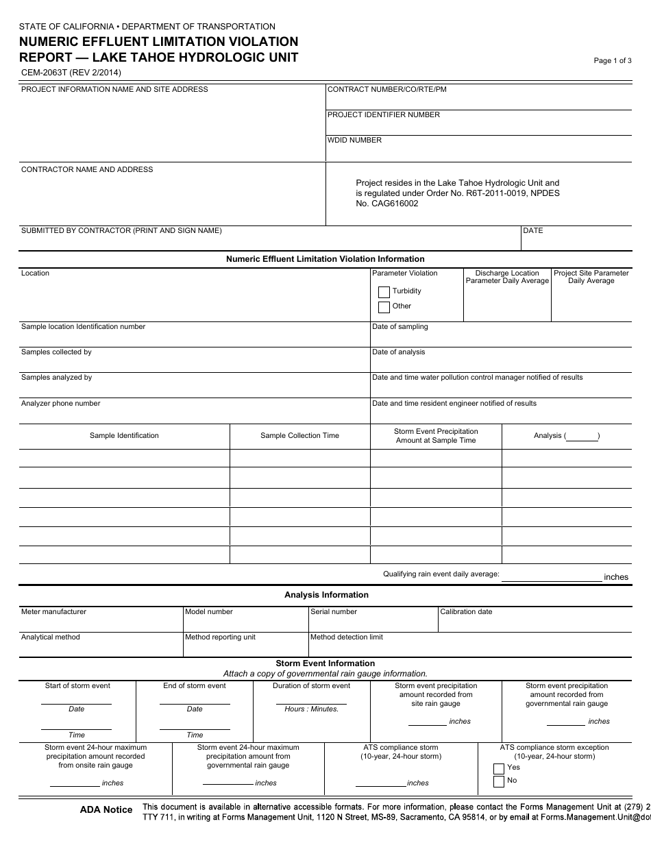 Form CEM-2063T Numeric Effluent Limitation Violation Report - Lake Tahoe Hydrologic Unit - California, Page 1