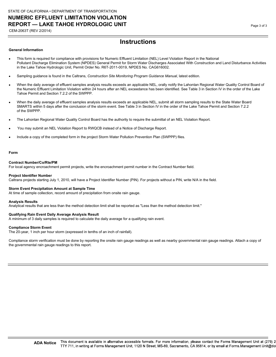 Form CEM-2063T Numeric Effluent Limitation Violation Report - Lake Tahoe Hydrologic Unit - California, Page 3