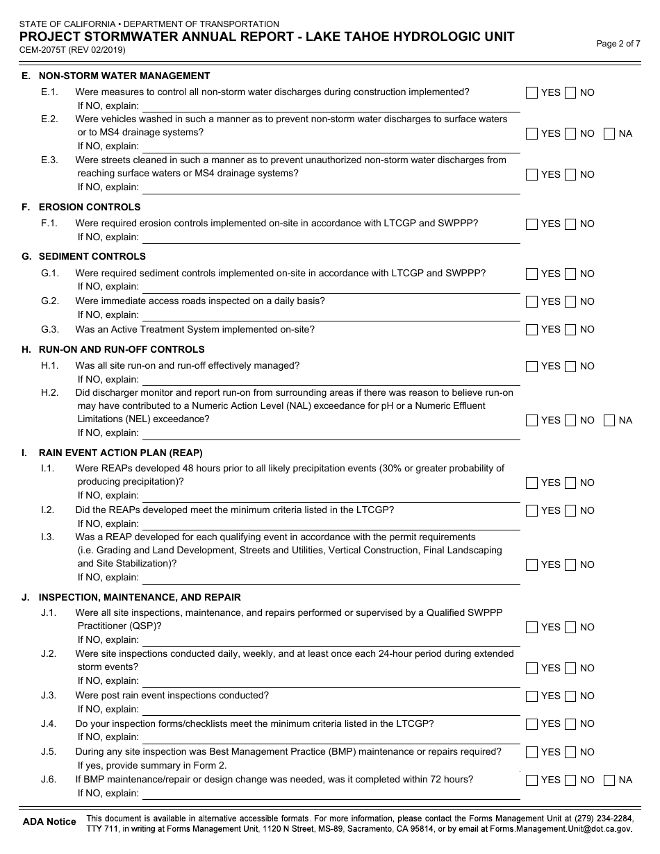 Form CEM-2075T Project Stormwater Annual Report - Lake Tahoe Hydrologic Unit - California, Page 2