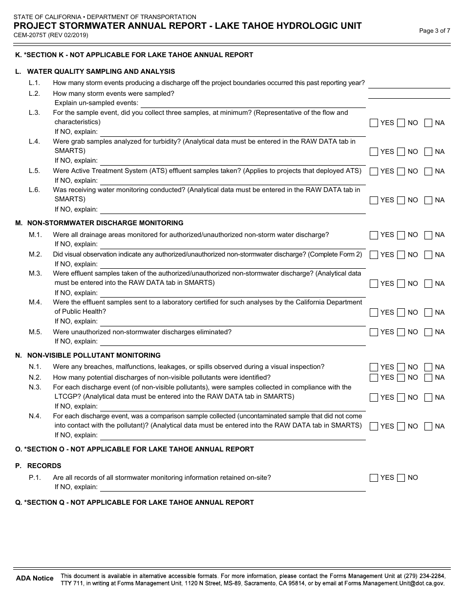Form CEM-2075T Project Stormwater Annual Report - Lake Tahoe Hydrologic Unit - California, Page 3