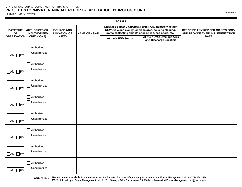 Form CEM-2075T Project Stormwater Annual Report - Lake Tahoe Hydrologic Unit - California, Page 5