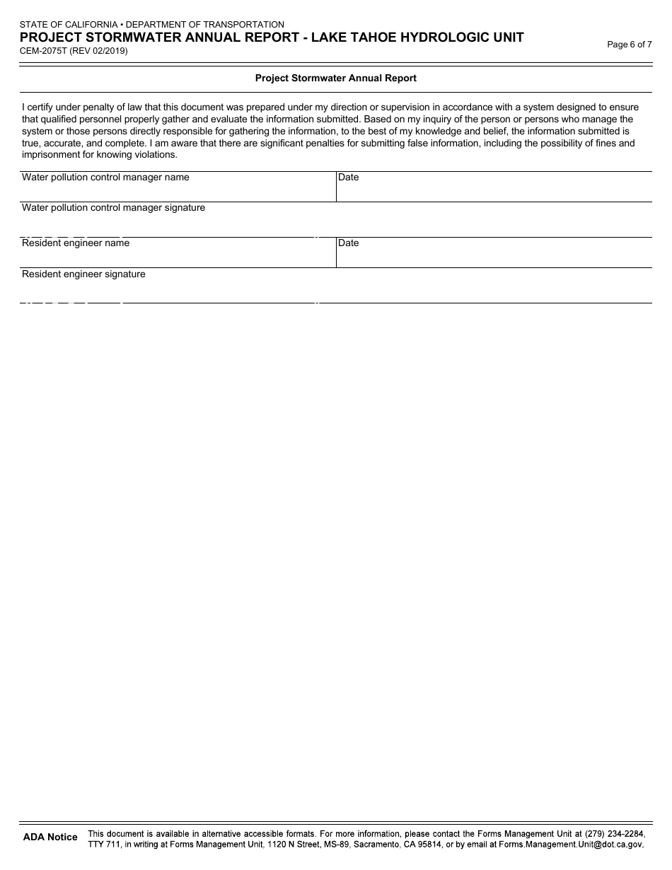 Form CEM-2075T Project Stormwater Annual Report - Lake Tahoe Hydrologic Unit - California, Page 6